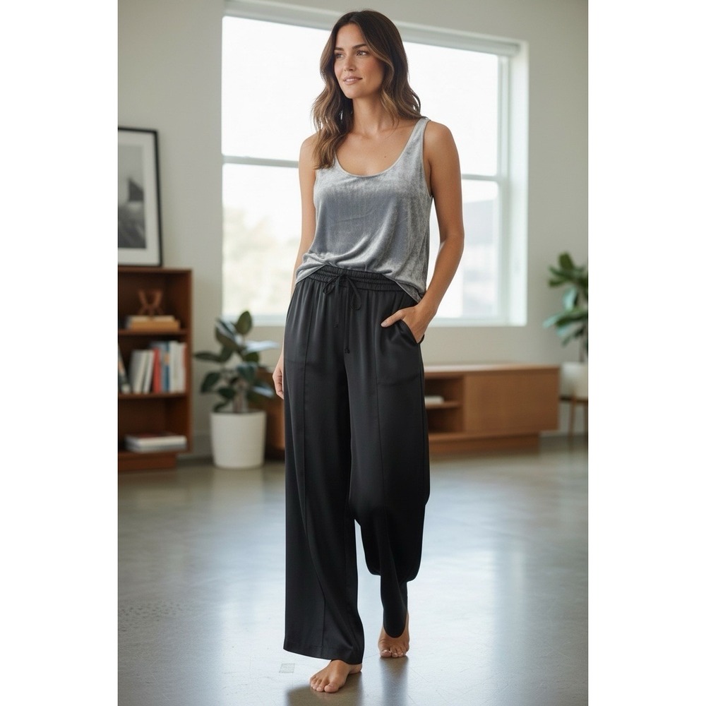 ZARA Black silk effect Wide-Leg Drawstring Elastic Waist Pants for Women